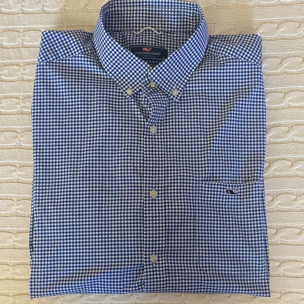 Vineyard Vines Men's Navy and White Gingham Shirt